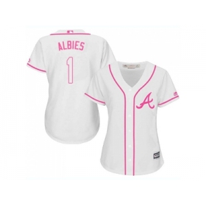 Women Atlanta Braves #1 Ozzie Albies White Pink Fashion Stitched MLB Jersey