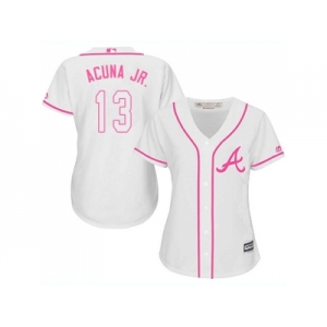 Women Atlanta Braves #13 Ronald Acuna Jr. White Pink Fashion Stitched MLB Jersey