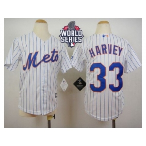 Youth New York Mets #33 Matt Harvey White(Blue Strip) Home Cool Base W 2015 World Series Patch Stitched MLB Jersey