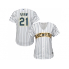 Women's Milwaukee Brewers #21 Travis Shaw White Strip Home Stitched MLB Jersey