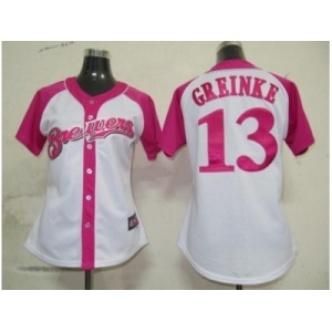 women mlb milwaukee brewers #13 greinke white pink[2012]