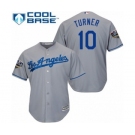 Youth Majestic Los Angeles Dodgers #10 Justin Turner Authentic Grey Road Cool Base 2018 World Series MLB Jersey