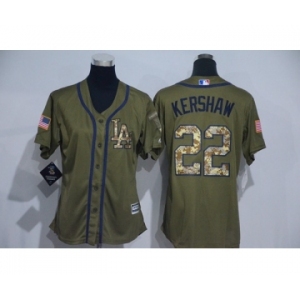 Women Los Angeles Dodgers #22 Clayton Kershaw Authentic Green Salute to Service MLB Jersey