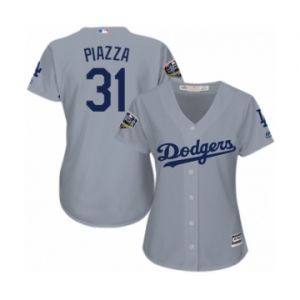 Women's Majestic Los Angeles Dodgers #31 Mike Piazza Authentic Grey Road Cool Base 2018 World Series MLB Jersey