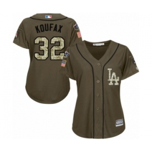 Women's Majestic Los Angeles Dodgers #32 Sandy Koufax Authentic Green Salute to Service 2018 World Series MLB Jersey