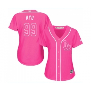 Women's Majestic Los Angeles Dodgers #99 Hyun-Jin Ryu Authentic Pink Fashion Cool Base MLB Jersey
