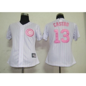 MLB Women Jerseys Chicago Cubs #13 Castro White[pink strip]