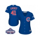 Women's Majestic Chicago Cubs #41 John Lackey Authentic Royal Blue Alternate 2016 World Series Champions Cool Base MLB Jersey
