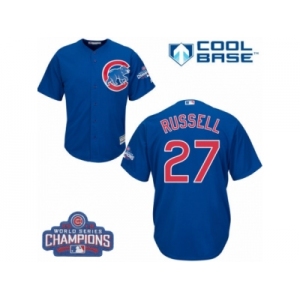 Youth Majestic Chicago Cubs #27 Addison Russell Authentic Royal Blue Alternate 2016 World Series Champions Cool Base MLB Jersey