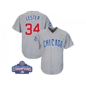 Youth Majestic Chicago Cubs #34 Jon Lester Authentic Grey Road 2016 World Series Champions Cool Base MLB Jersey