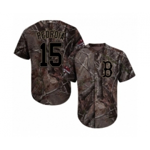 Youth Majestic Boston Red Sox #15 Dustin Pedroia Authentic Camo Realtree Collection Flex Base 2018 World Series Champions MLB Jersey