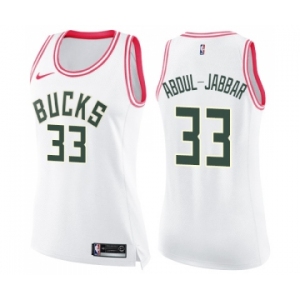 Women's Nike Milwaukee Bucks #33 Kareem Abdul-Jabbar Swingman White Pink Fashion NBA Jersey