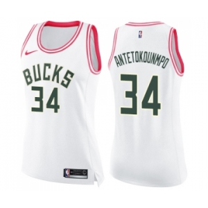 Women's Nike Milwaukee Bucks #34 Giannis Antetokounmpo Swingman White Pink Fashion NBA Jersey