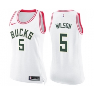 Women's Nike Milwaukee Bucks #5 D. J. Wilson Swingman White Pink Fashion NBA Jersey