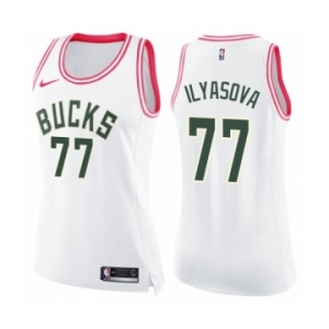 Women's Nike Milwaukee Bucks #77 Ersan Ilyasova Swingman White Pink Fashion NBA Jersey