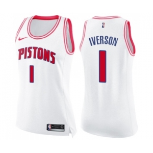 Women's Nike Detroit Pistons #1 Allen Iverson Swingman White Pink Fashion NBA Jersey