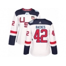 Women's Adidas Team USA #42 David Backes Authentic White Home 2016 World Cup Hockey Jersey