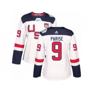 Women's Adidas Team USA #9 Zach Parise Premier White Home 2016 World Cup Hockey Jersey