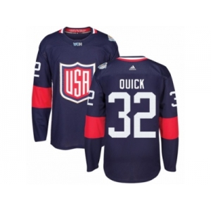 Youth Adidas Team USA #32 Jonathan Quick Authentic Navy Blue Away 2016 World Cup Ice Hockey Jersey