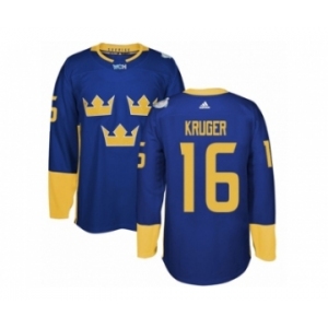 Men's Adidas Team Sweden #16 Marcus Kruger Premier Royal Blue Away 2016 World Cup of Hockey Jersey