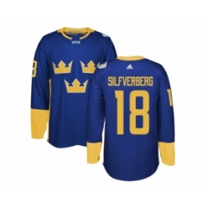 Men's Adidas Team Sweden #18 Jakob Silfverberg Authentic Royal Blue Away 2016 World Cup of Hockey Jersey