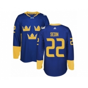 Men's Adidas Team Sweden #22 Daniel Sedin Authentic Royal Blue Away 2016 World Cup of Hockey Jersey