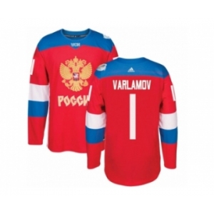Men's Adidas Team Russia #1 Semyon Varlamov Premier Red Away 2016 World Cup of Hockey Jersey
