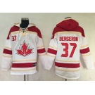 Team CA. #37 Patrice Bergeron White Sawyer Hooded Sweatshirt 2016 World Cup Stitched NHL Jersey