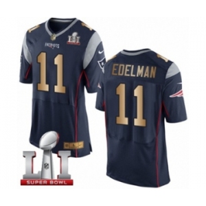 Men's Nike New England Patriots #11 Julian Edelman Elite Navy-Gold Team Color Super Bowl LI 51 NFL Jersey