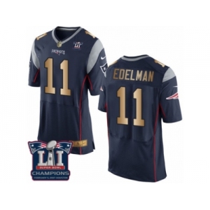 Men's Nike New England Patriots #11 Julian Edelman Elite Navy Gold Team Color Super Bowl LI Champions NFL Jersey