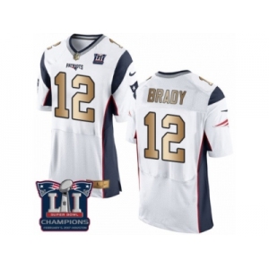 Men's Nike New England Patriots #12 Tom Brady Elite White Gold Super Bowl LI Champions NFL Jersey