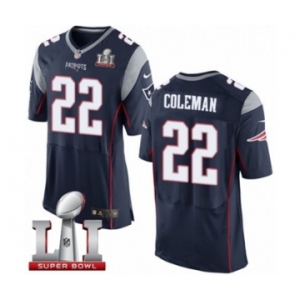 Men's Nike New England Patriots #22 Justin Coleman Elite Navy Blue Team Color Super Bowl LI 51 NFL Jersey