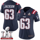 Women's Nike New England Patriots #63 Tre Jackson Limited Navy Blue Rush Super Bowl LI 51 NFL Jersey