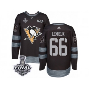 Men's Adidas Pittsburgh Penguins #66 Mario Lemieux Premier Black 1917-2017 100th Anniversary 2017 Stanley Cup Final NHL Jersey