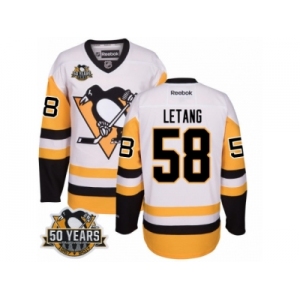 Men's Reebok Pittsburgh Penguins #58 Kris Letang Authentic White Away 50th Anniversary Patch NHL Jersey