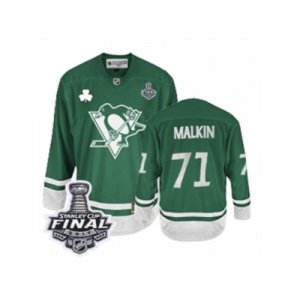 Men's Reebok Pittsburgh Penguins #71 Evgeni Malkin Authentic Green St Patty's Day 2017 Stanley Cup Final NHL Jersey