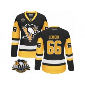 Women's Reebok Pittsburgh Penguins #66 Mario Lemieux Authentic Black Gold Third 50th Anniversary Patch NHL Jersey