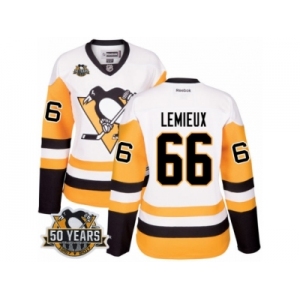 Women's Reebok Pittsburgh Penguins #66 Mario Lemieux Authentic White Away 50th Anniversary Patch NHL Jersey