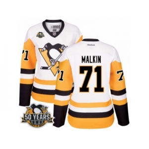 Women's Reebok Pittsburgh Penguins #71 Evgeni Malkin Authentic White Away 50th Anniversary Patch NHL Jersey