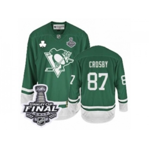Youth Reebok Pittsburgh Penguins #87 Sidney Crosby Authentic Green St Patty's Day 2017 Stanley Cup Final NHL Jersey