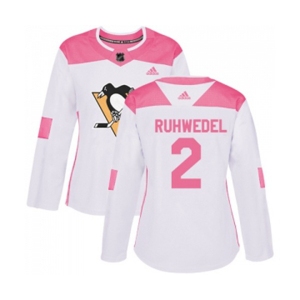 Women Adidas Pittsburgh Penguins #2 Chad Ruhwedel Authentic White Pink Fashion NHL Jersey