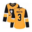 Women Adidas Pittsburgh Penguins #3 Olli Maatta Authentic Gold Alternate NHL Jersey