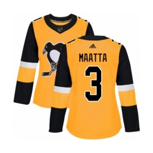Women Adidas Pittsburgh Penguins #3 Olli Maatta Authentic Gold Alternate NHL Jersey