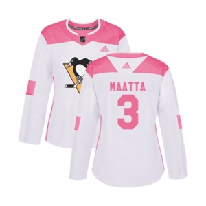 Women Adidas Pittsburgh Penguins #3 Olli Maatta Authentic White Pink Fashion NHL Jersey