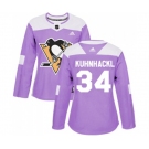 Women Adidas Pittsburgh Penguins #34 Tom Kuhnhackl Authentic Purple Fights Cancer Practice NHL Jersey
