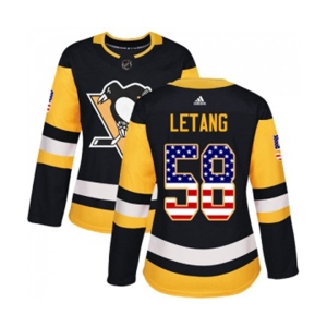 Women Adidas Pittsburgh Penguins #58 Kris Letang Authentic Black USA Flag Fashion NHL Jersey
