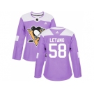 Women Adidas Pittsburgh Penguins #58 Kris Letang Purple Authentic Fights Cancer Stitched NHL Jersey