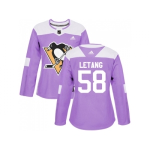 Women Adidas Pittsburgh Penguins #58 Kris Letang Purple Authentic Fights Cancer Stitched NHL Jersey