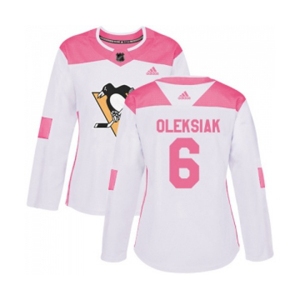Women Adidas Pittsburgh Penguins #6 Jamie Oleksiak Authentic White Pink Fashion NHL Jersey