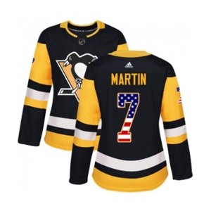 Women Adidas Pittsburgh Penguins #7 Paul Martin Authentic Black USA Flag Fashion NHL Jersey